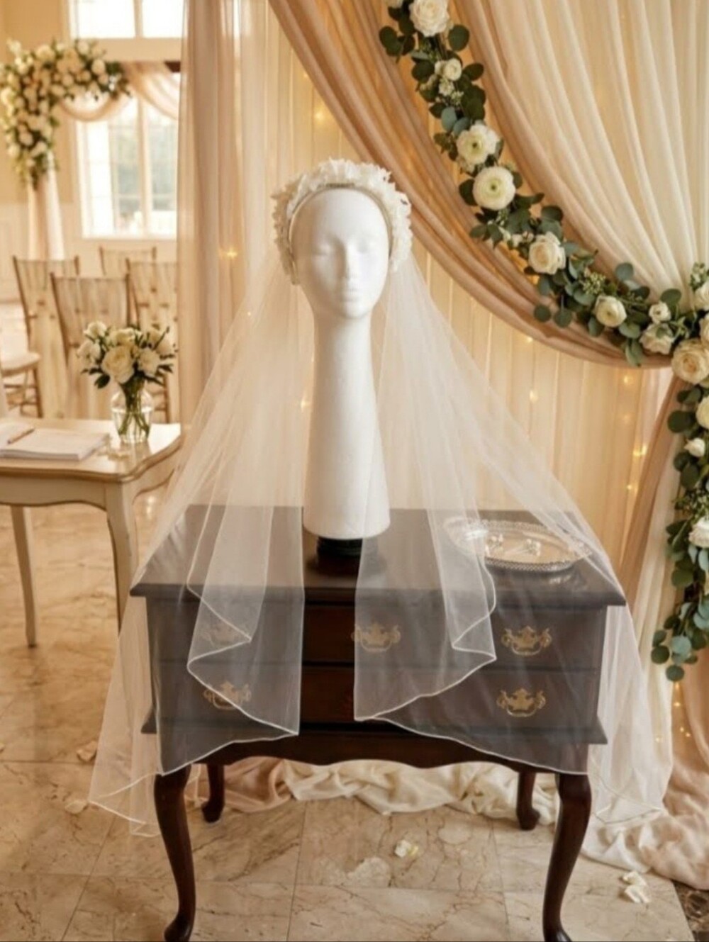 Vintage 1980s Bridal Floral Headband Veil with Attached Comb – Waist Length